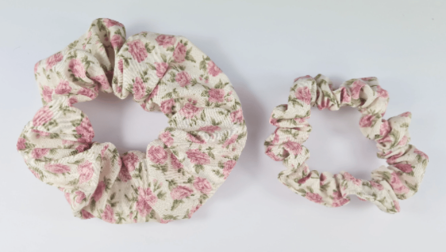 Pink Flower Floral Scrunchie, Girly XL Large Fluffy, Skinny Mini Thin Hair Tie