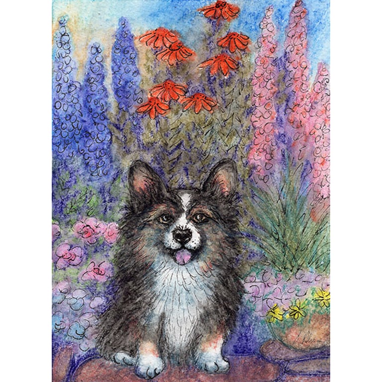 Black headed corgi dog garden original mini painting ACEO art card Susan Alison