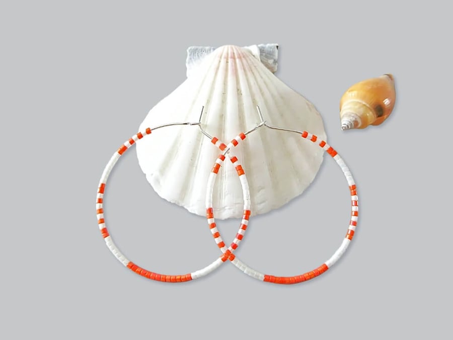 Striking Orange & White Minimalist Seed Bead Hoop Earrings - Choose Size