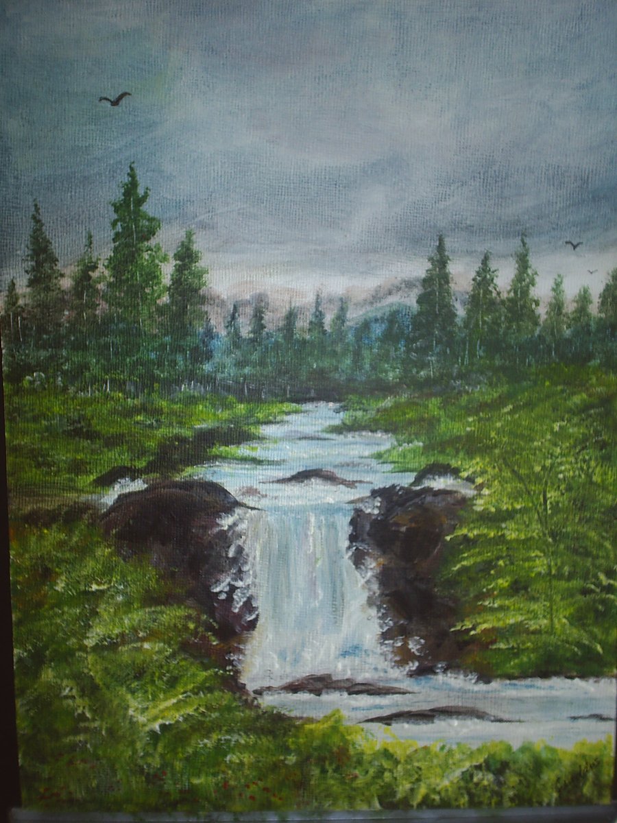 9"x12" original acrylic art painting waterfall landscape 132