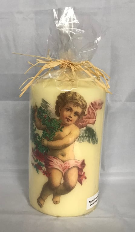Decorated Candle Large Cherub with Wreath Beautiful Decoupage Xmas Valentine's