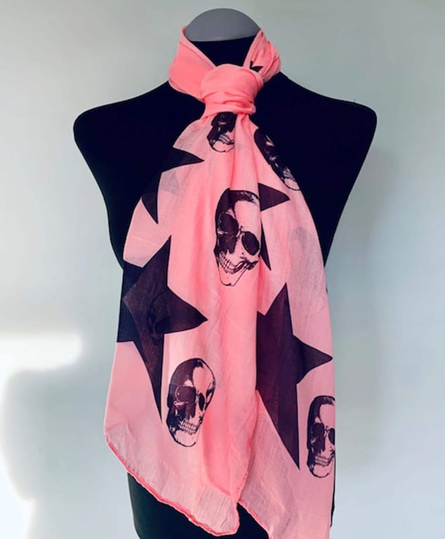 Skulls and Stars Scarf Gothic Punk Fashion Accessory. Pink. Lightweight
