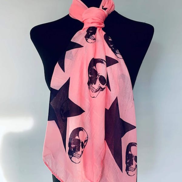 Skulls and Stars Scarf Gothic Punk Fashion Accessory. Pink. Lightweight