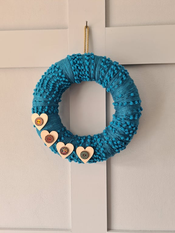 Bobbly blue yarn wrapped wreath 