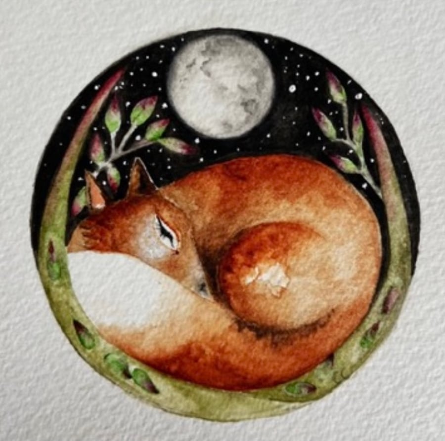 Resting Fox under a Full Moon and Starry Sky Watercolour Print Artwork