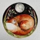 Resting Fox under a Full Moon and Starry Sky Watercolour Print Artwork
