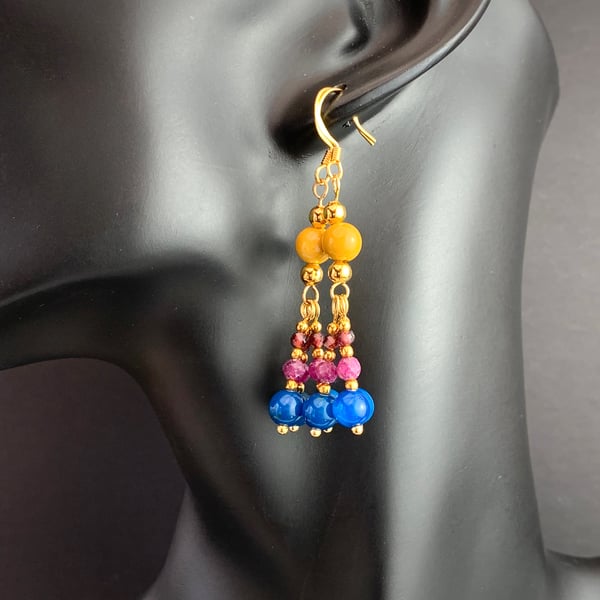 Multi coloured gemstone earrings with Mookaite ruby garnet & agate boho style
