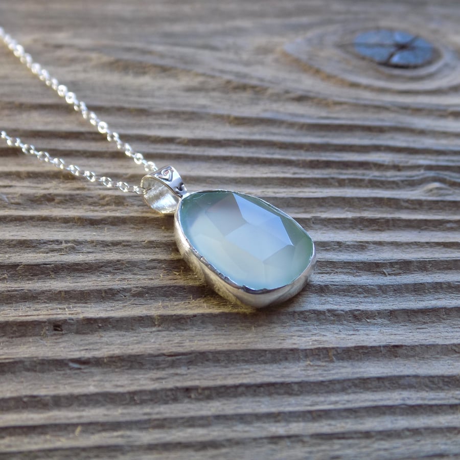 Sterling silver and checker blue bezel set chalcedony pendant 