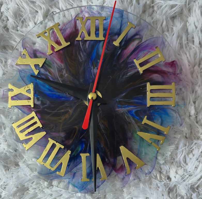 Handmade Galaxy Resin Wall Clock with Gold Roman Numerals