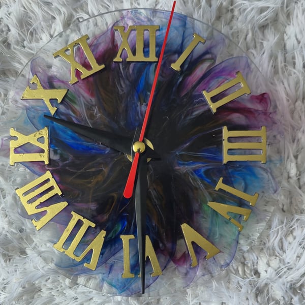 Handmade Galaxy Resin Wall Clock with Gold Roman Numerals