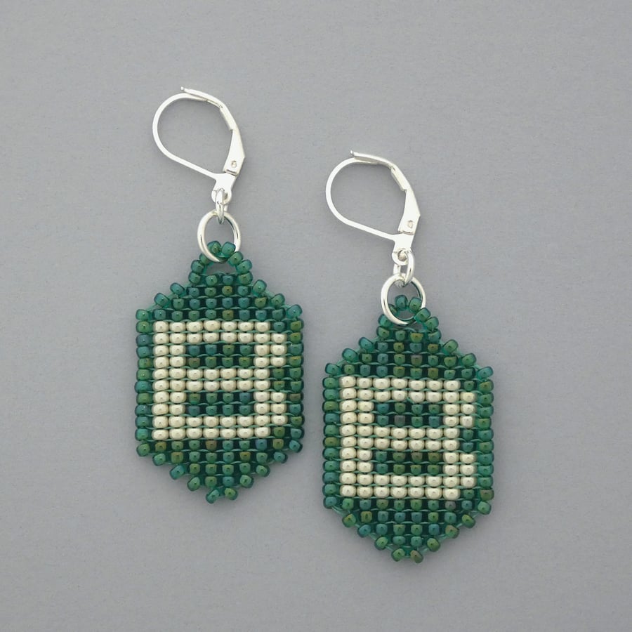 Letter B glass beaded earrings with silver plated leverback hinged ear wires. 