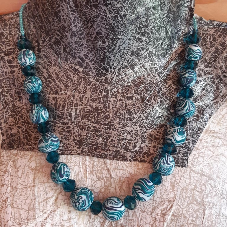 Handmade aqua, navy and white polymer clay necklace