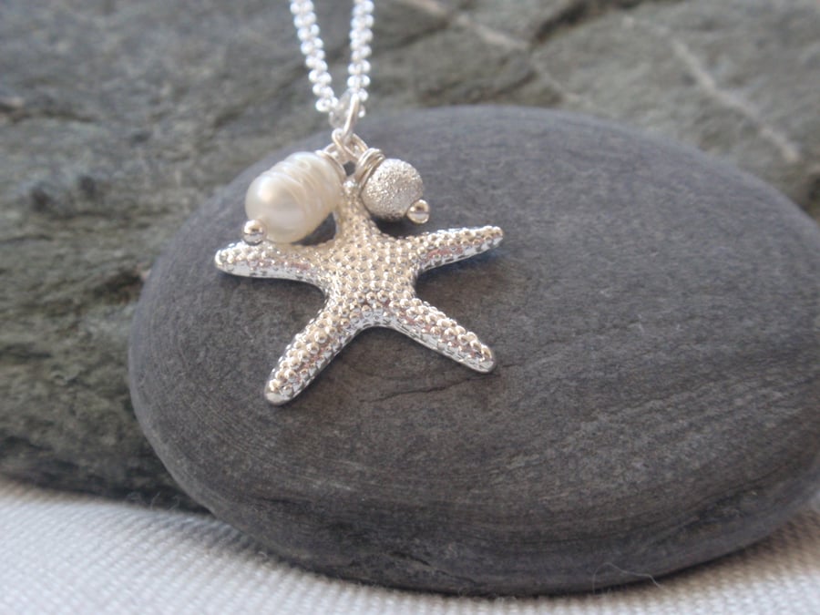 Silver Starfish Necklace with Freshwater Pearl, beach seaside jewellery