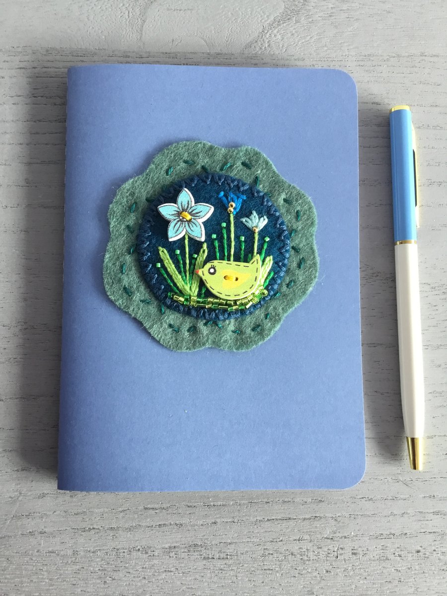 Hand Embroidered Little Bird Notebook and Pen Set 