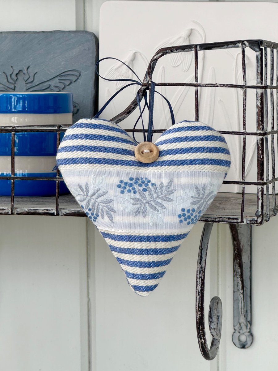 Berries and Leaves Blue Stripes Heart - JULY HEART of the MONTH