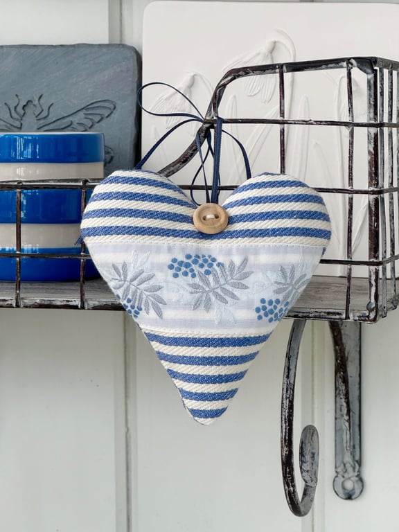Berries and Leaves Blue Stripes Heart - JULY HEART of the MONTH