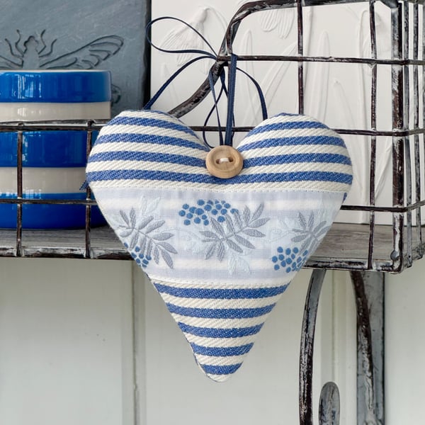 Berries and Leaves Blue Stripes Heart - JULY HEART of the MONTH