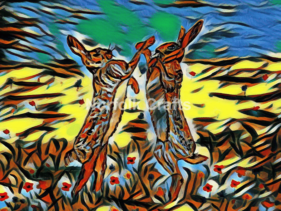 A4 Size Print Of A Two Boxing Hares In Norfolk Field Bright Edition.