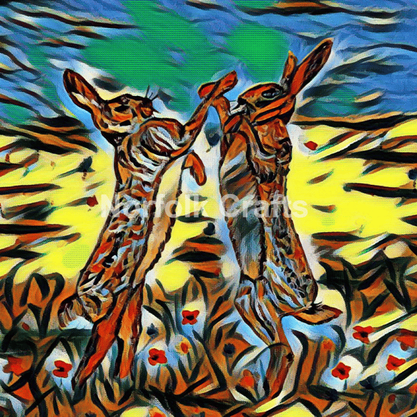 A4 Size Print Of A Two Boxing Hares In Norfolk Field Bright Edition.