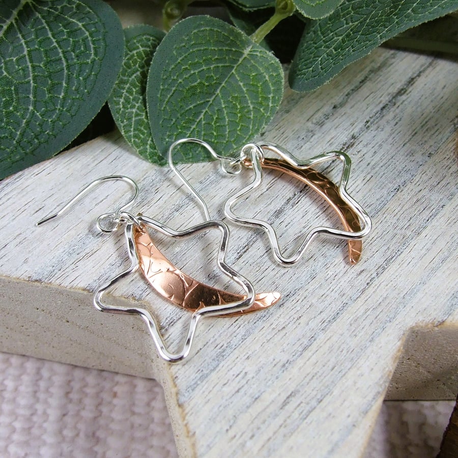 Moon & Star Earrings, Sterling Silver and Copper Dropper Earrings