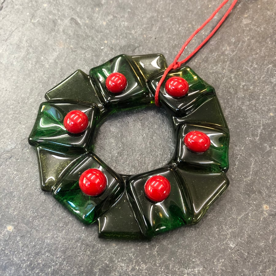 Fused glass Holly wreath Christmas tree decoration 