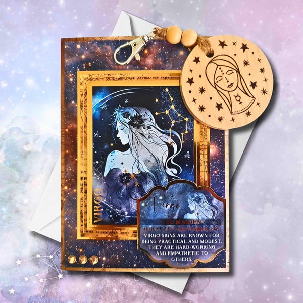 Virgo Zodiac Star Sign Card, Wooden Keyring, or as a Set. Celestial, Horoscopes