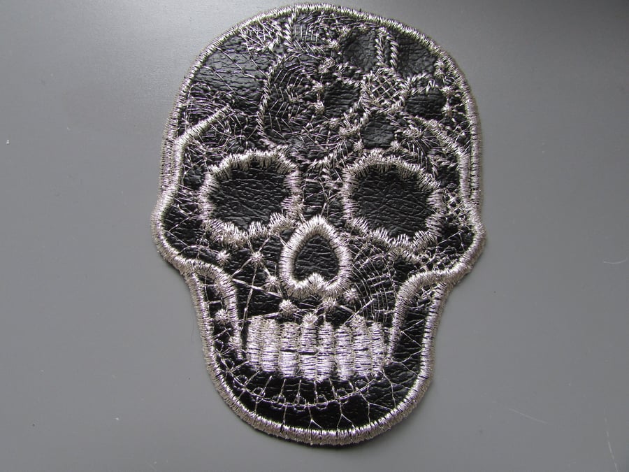 Embroidered Faux Black Leather Sugar Skull Applique