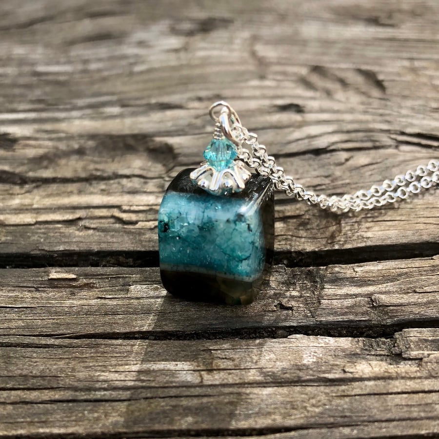 Turquoise Agate Cube With Karen Hill Tribe Silver and Swarovski Crystal Necklace