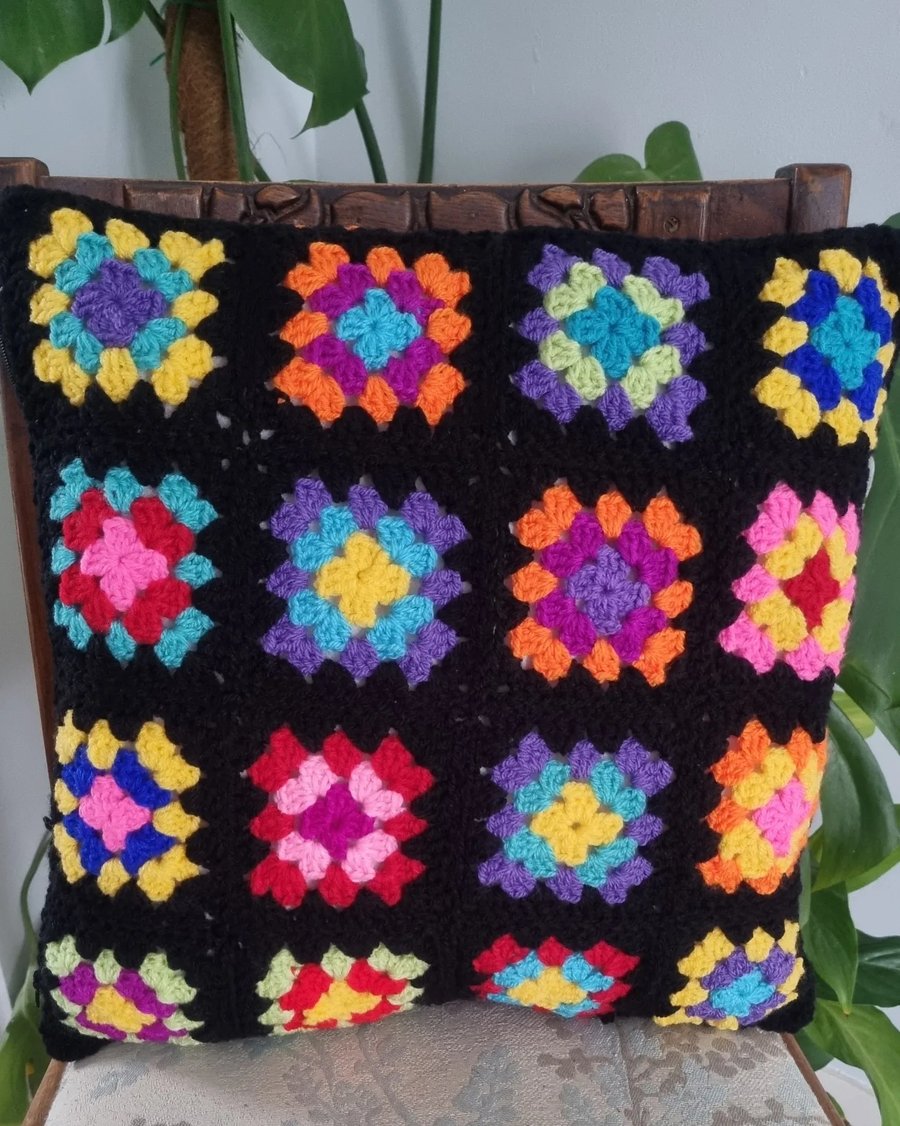 Granny square crochet cushion cover, bright, vibrant, handmade