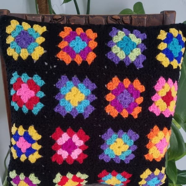 Granny square crochet cushion cover, bright, vibrant, handmade