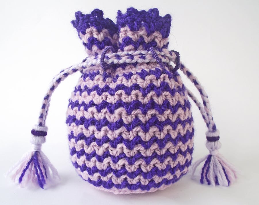 Drawstring Bag or Pouch with Tassels, Crochet Bag, Purple and Lilac Merino