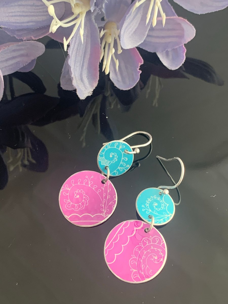 Water colour collection - hand painted aluminium earrings turquoise and purple
