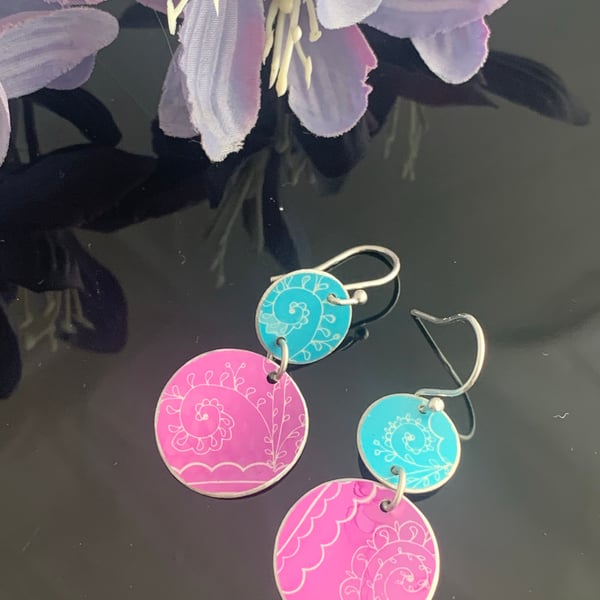 Water colour collection - hand painted aluminium earrings turquoise and purple