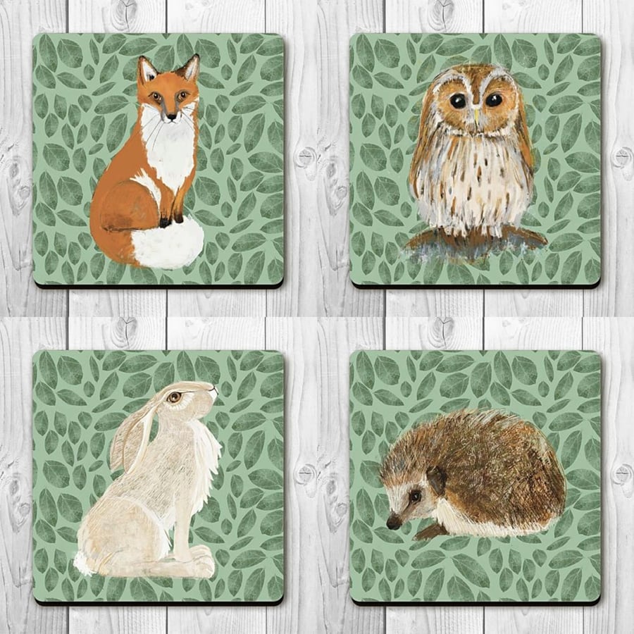 Coasters square wildlife hare owl fox hedgehog