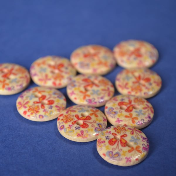 15mm Wooden Butterfly & Flower Buttons Natural Wood 10pk Butterflies (SNF12)