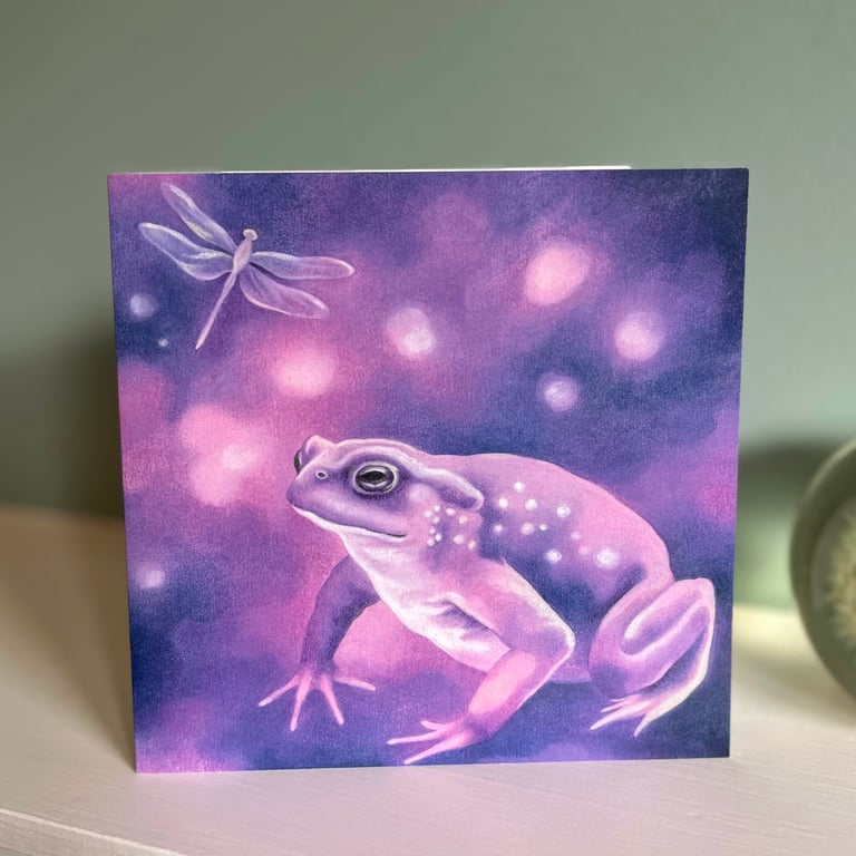 Toad Art card - toad greeting card, dragonfly art card, pink art card 