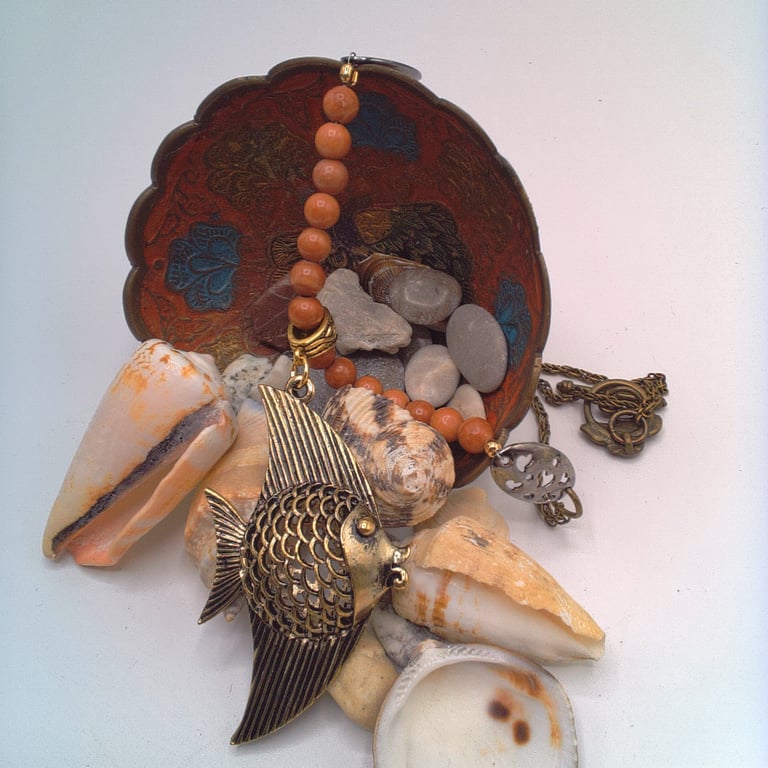 Bronze 3-D Fish Pendant Necklace on a Mahogany Jasper and Bronze Necklace
