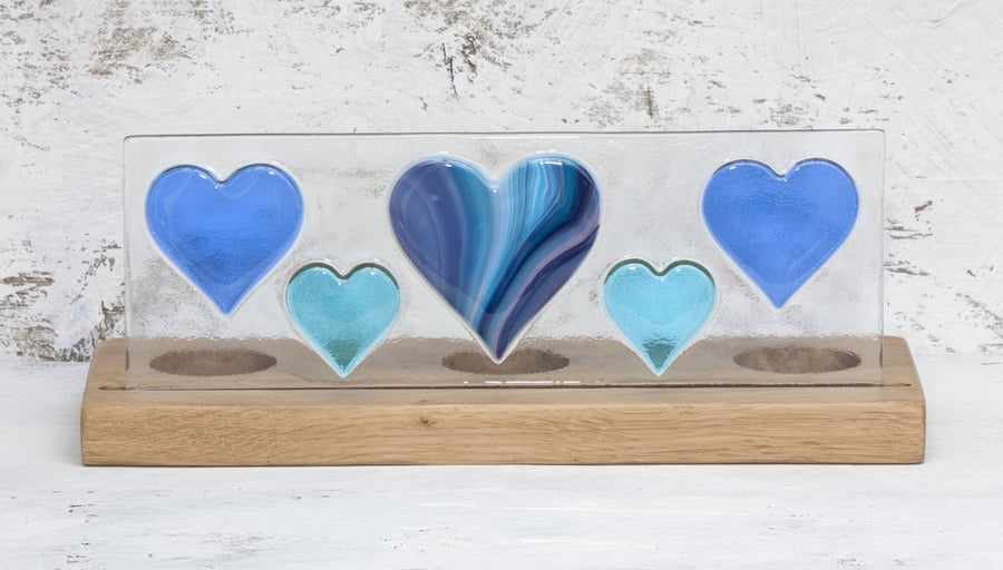 Blue & Turquoise Hearts Fused Glass Panel set in Oak Tealight Holder