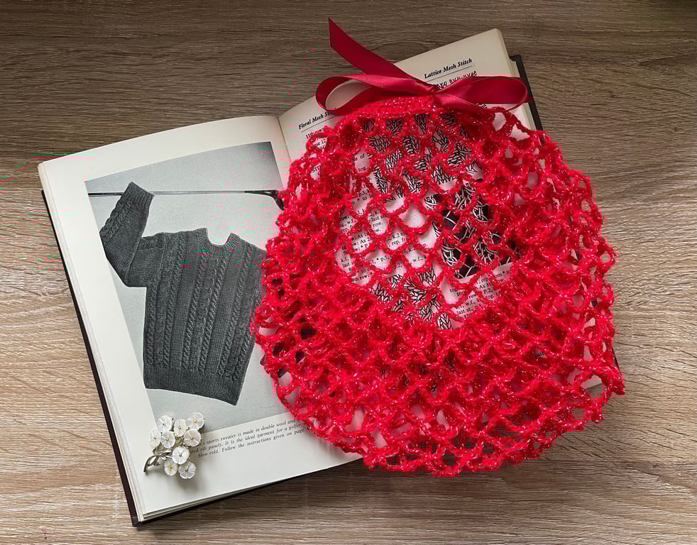 Red with silver sparkles 1940s style crochet snood hairnet