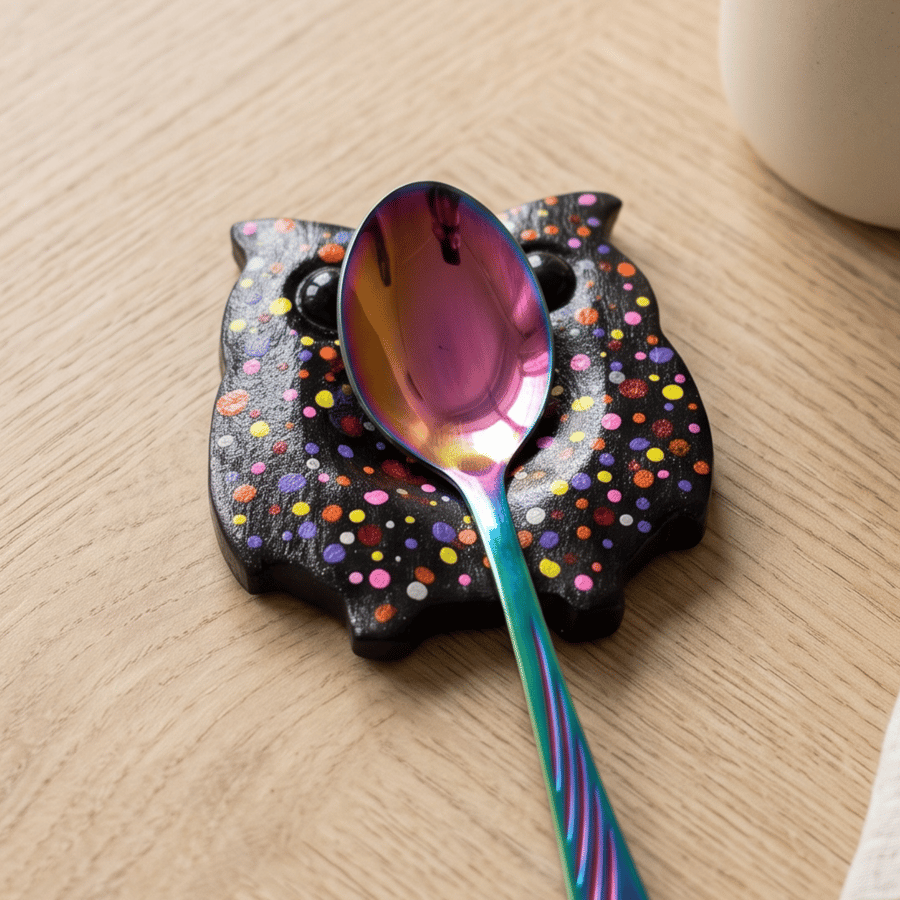 Black Owl Teaspoon Rest, Colourful Handmade Clay Spoon Holder