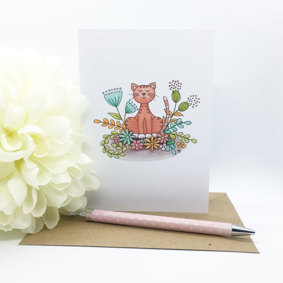Floral Cat Card - Blank - Any occasion