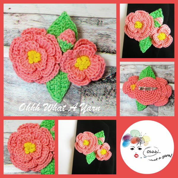 Crochet coral peony brooch, crochet peony corsage, flower brooch