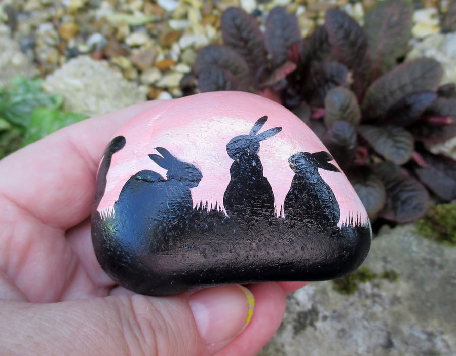 Painted Rock Stone Bunny Rabbit Pet Silhouette 