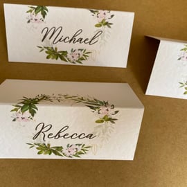 6x laurel foliage wreath blush pink flowers name place CARDS table wedding decor