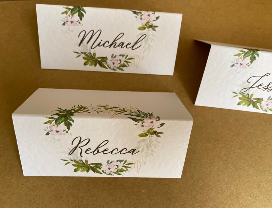 6x laurel foliage wreath blush pink flowers name place CARDS table wedding decor