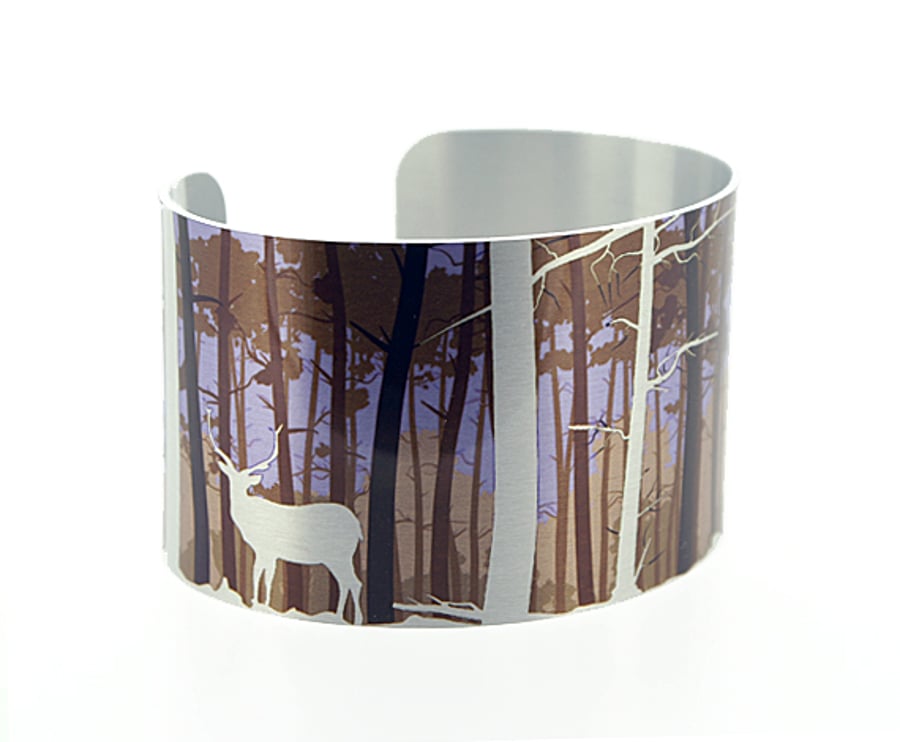 Woodland jewellery cuff bracelet, brushed silver metal bangle with deer. C152