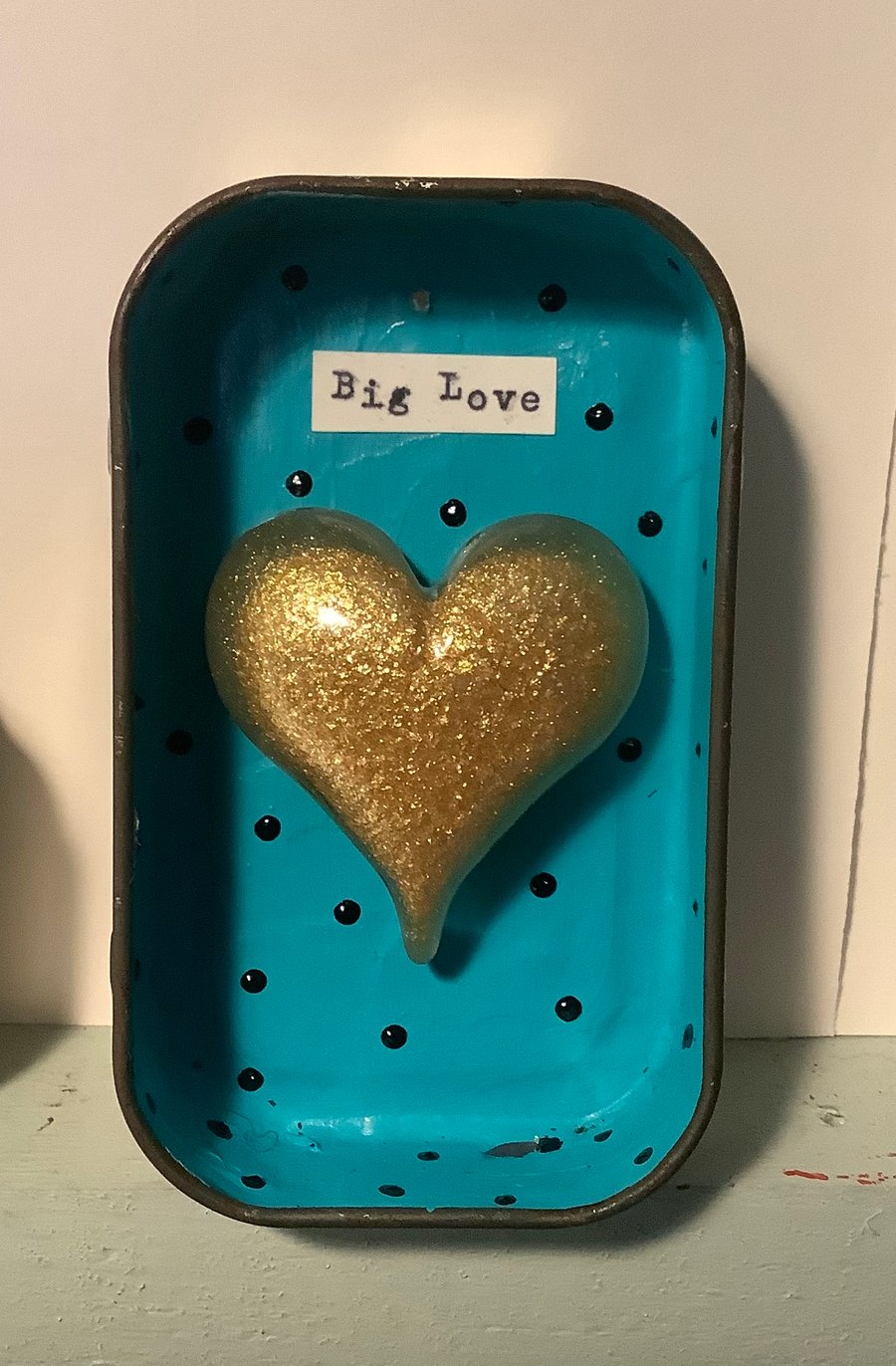Mixed media vintage tin. Resin heart. Gold. Valentine’s Day. Quirky unusual gift