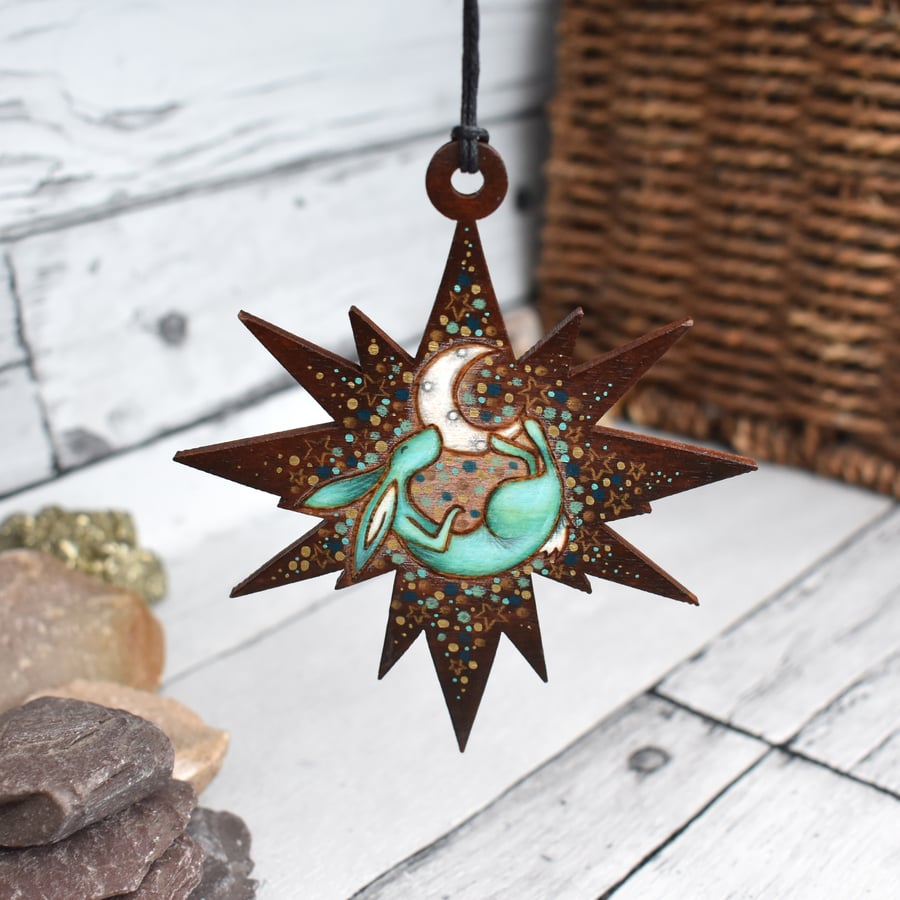 Jade moongazing hare hanging star. Pyrography personalised decoration.