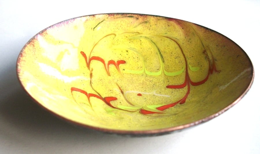 Enamel dish -scrolled red and yellow on golden-yellow over clear enamel