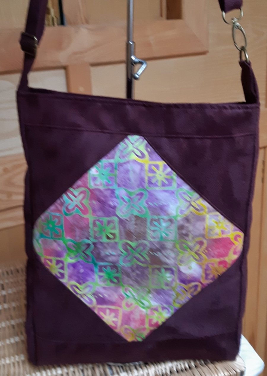 Maroon faux suede and batik bag